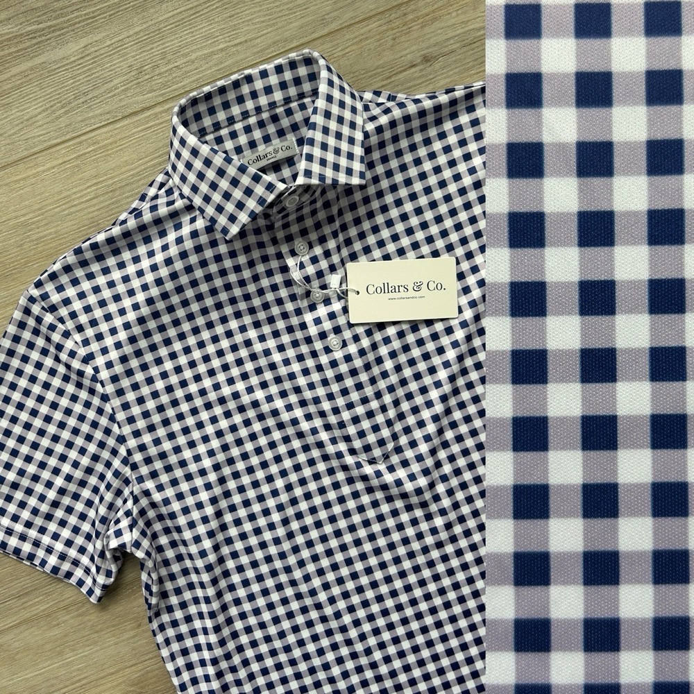 NWT Collars and Co Dress Polo Small Blue Gingham Performance Golf Preppy